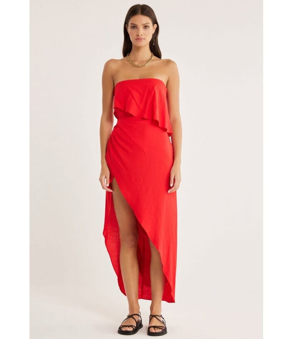 RUMER The Label Cascade Red Linen Strapless Midi Dress S NWT Wedding Guest